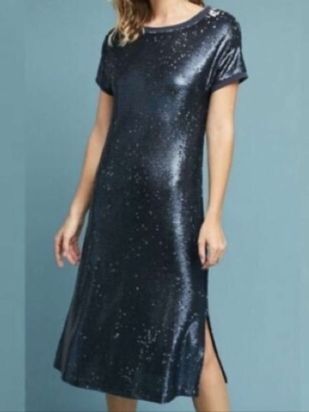 Moulinette Soeurs "Intersteller" Navy Sequin Short Sleeve Shift Dress - Size S